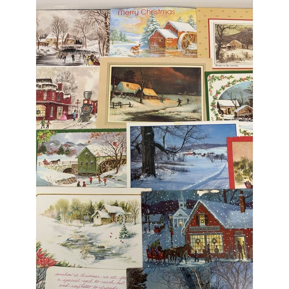 Vintage Christmas Cards Fronts ONLY Houses Barns More Scrapbooking Crafts 50+